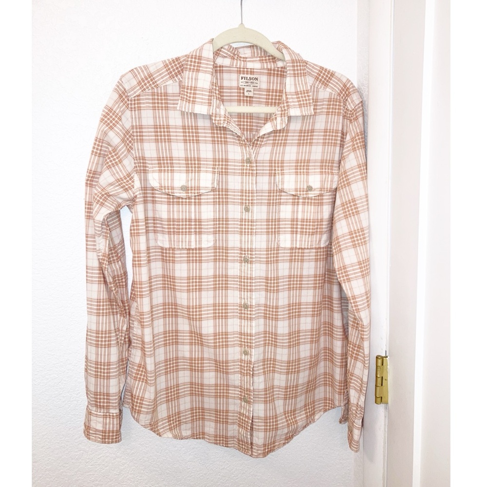 FILSON Plaid 💯 Cotton White & Tan Button Down Lightweight Shirt SZ: Large